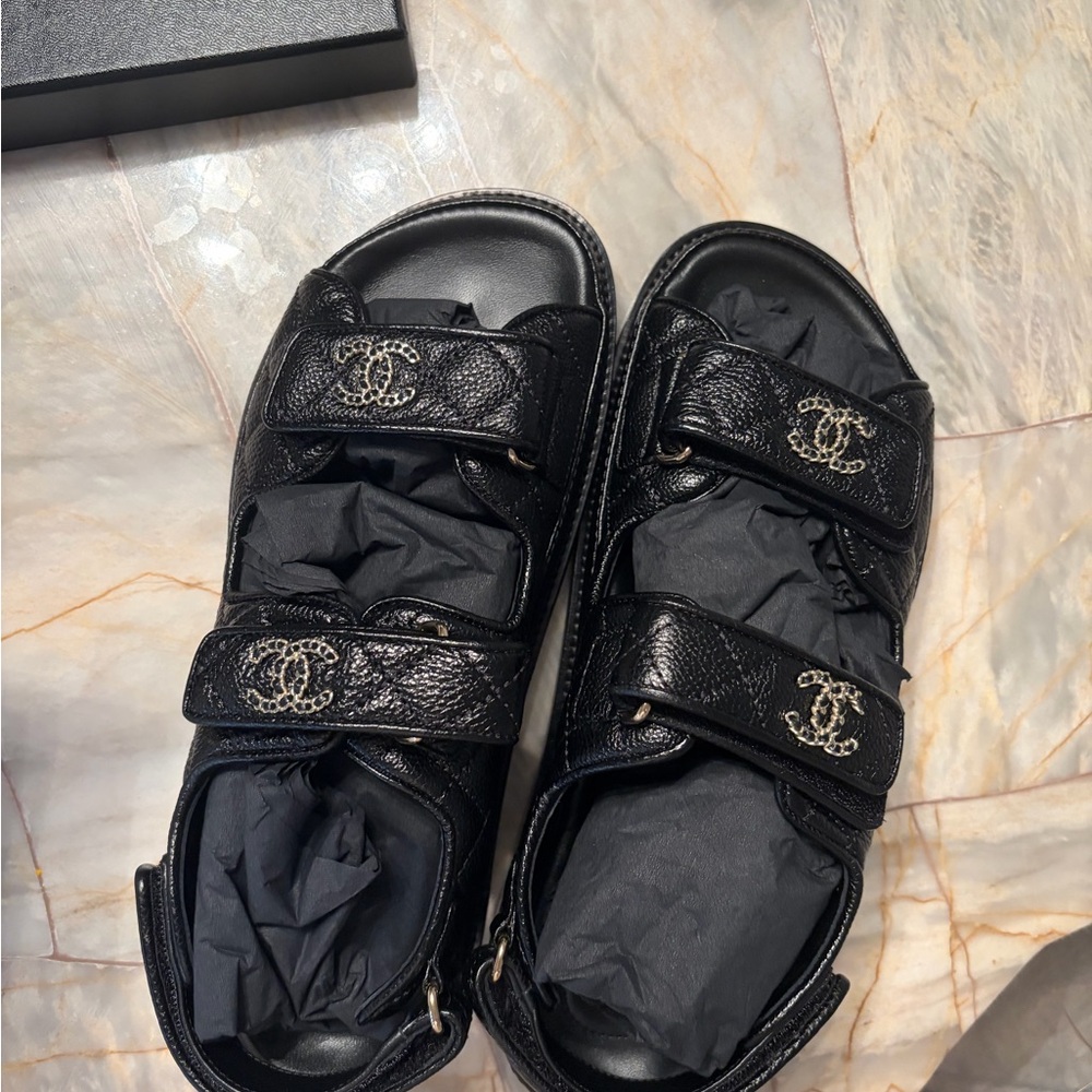 CHANEL Black Leather Sandals